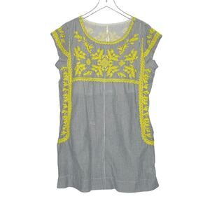 Uncle Frank Grey Striped Tunic Dress M Bright Yellow Floral Embroidery Pockets